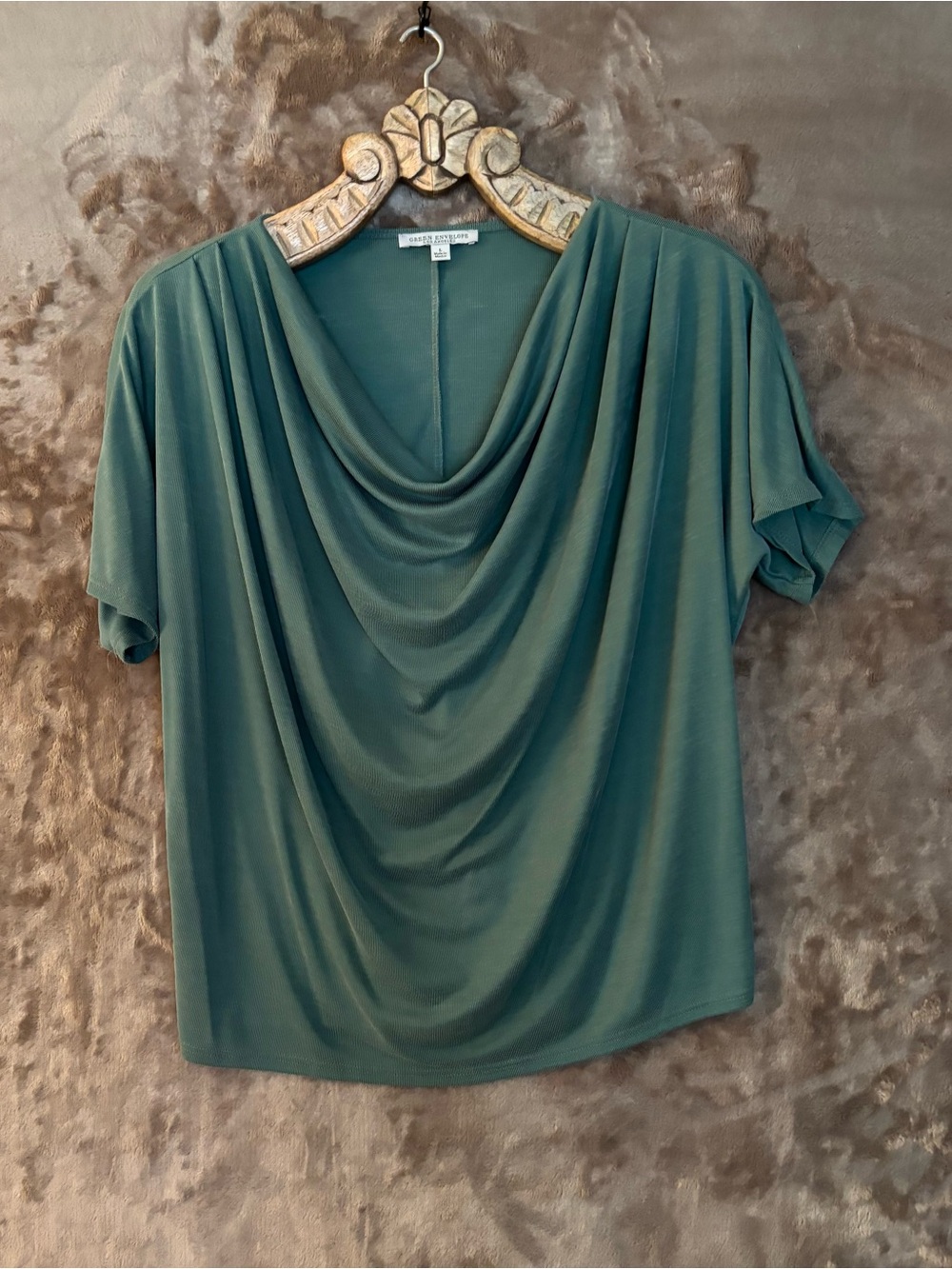 Green Envelope Teal Draped Cowl Neck Blouse Women’s Size L